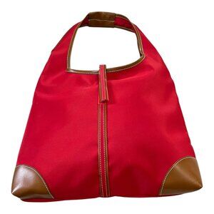 Spiegel Red Nylon Hobo Shoulder Bag Brown Trim Lightweight Casual Tote